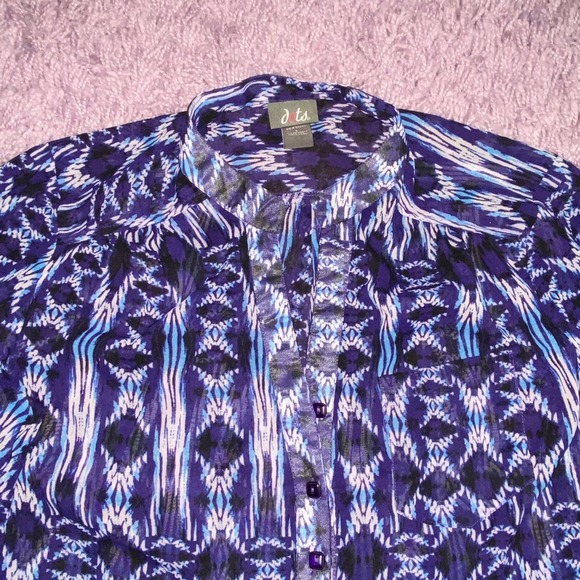 L Dots Sheer Navy Blue Ikat Boho Side Split Flowy All Over Print Blouse Top - Picture 5 of 8
